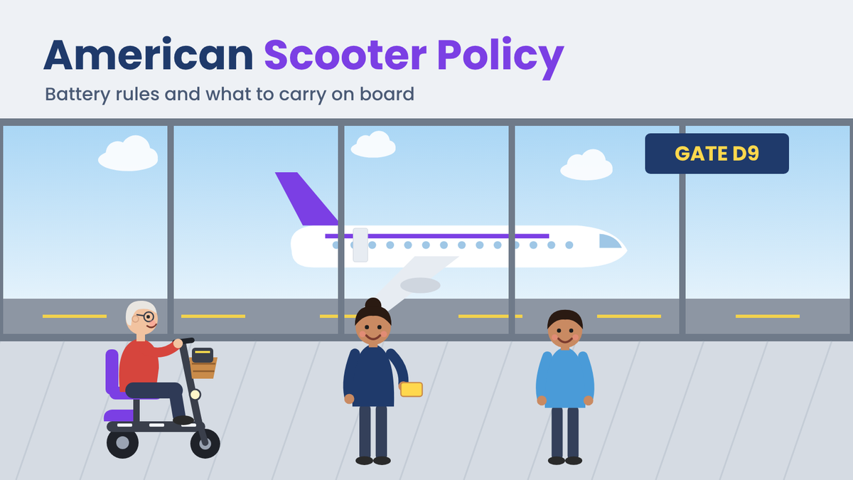 Older traveler on a mobility scooter with a carry-on bag at an airport gate, with a gate agent and a plane outside the window