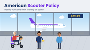Older traveler on a mobility scooter with a carry-on bag at an airport gate, with a gate agent and a plane outside the window