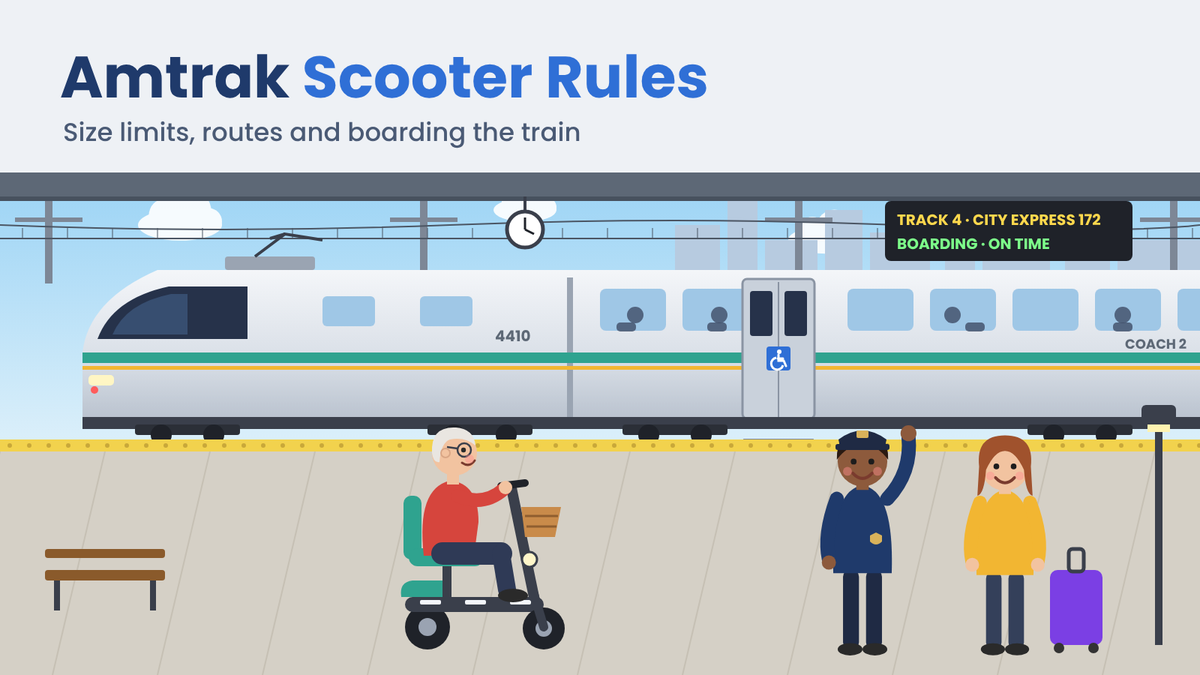 Older traveler on a mobility scooter on a train platform beside a passenger train with an accessible door and boarding ramp, as a conductor waves