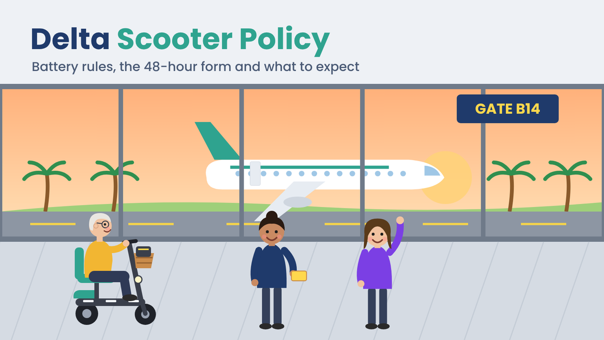 Older traveler on a mobility scooter at an airport gate at sunset, with a gate agent, a waving traveler and a plane outside the window