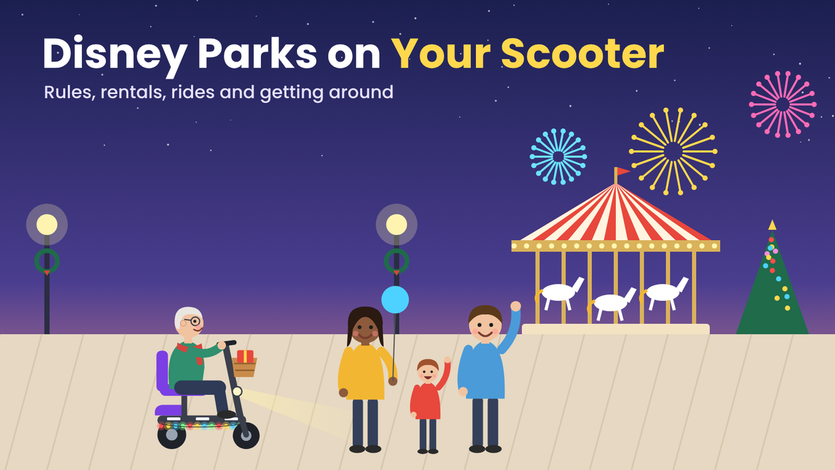Older rider on a lit-up mobility scooter with family at a holiday theme park plaza, with a carousel and fireworks at night