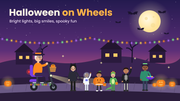 Grandparent on a lit-up mobility scooter trick-or-treating with family and kids in costumes as a neighbor hands out candy
