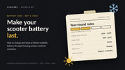 Lithium battery storage label listing year-round rules for a mobility scooter battery: store at about half charge, charge only between 32°F and 113°F, store near 59°F, never leave it in a parked car, unplug when full, and check the charge every 1–2 months