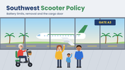 Older traveler on a mobility scooter at an airport gate with palm trees outside, as a waving family waits to board