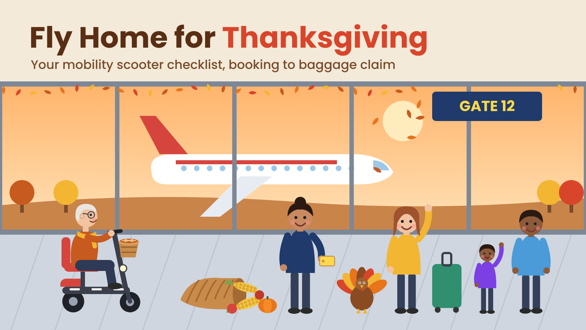 Older traveler on a mobility scooter with a pie in the basket at an airport gate, beside a cornucopia, a cartoon turkey, a gate agent and a waving family