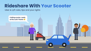 Older woman with a cane waits at a New York City curb beside her folded mobility scooter as her rideshare driver waves from the open trunk