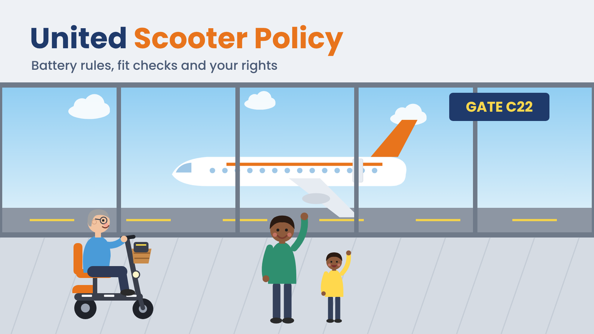 Traveler on a mobility scooter at an airport gate on a sunny day, with a waving parent and child and a plane outside the window