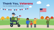 Veteran in a cap riding a mobility scooter with a small American flag as family waves flags in a park